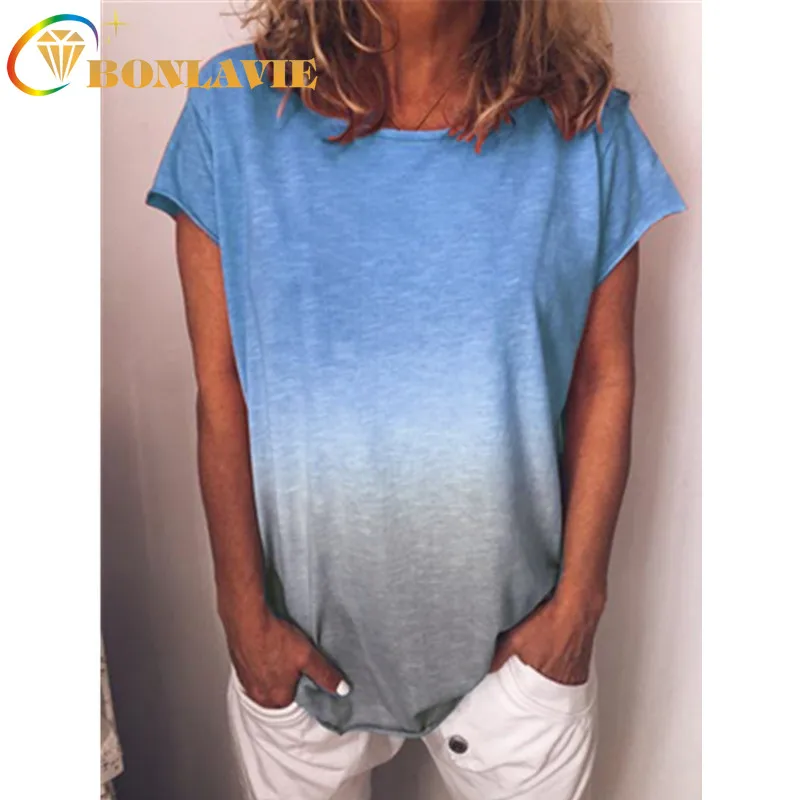 

Women's T-shirt Rainbow Gradient Color Printing O-Neck Shorts Sleeve Green Purple Yellow Summer Causal Clothes Loose Shirts 5XL