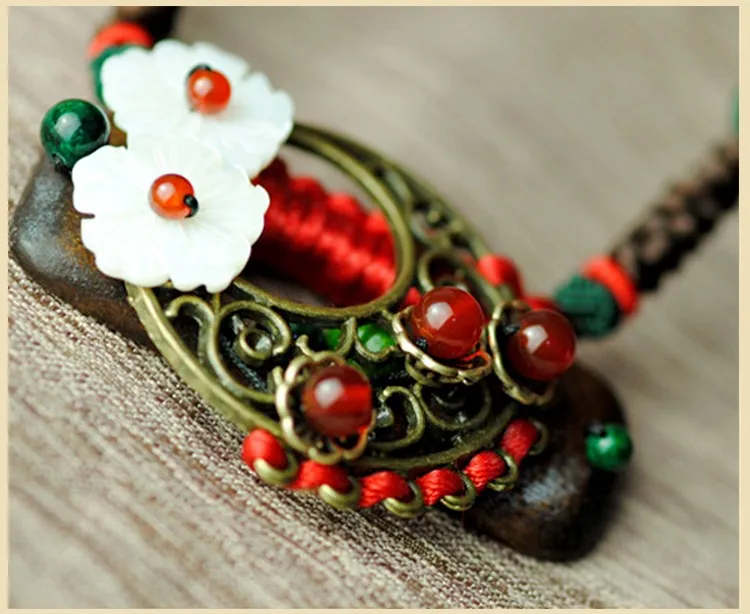 Винтажное колье ожерелье для женщин короткая цепочка с ракушкой цветок красный камень сердолик деревянный держатель кулон этнические ювелирные изделия мода