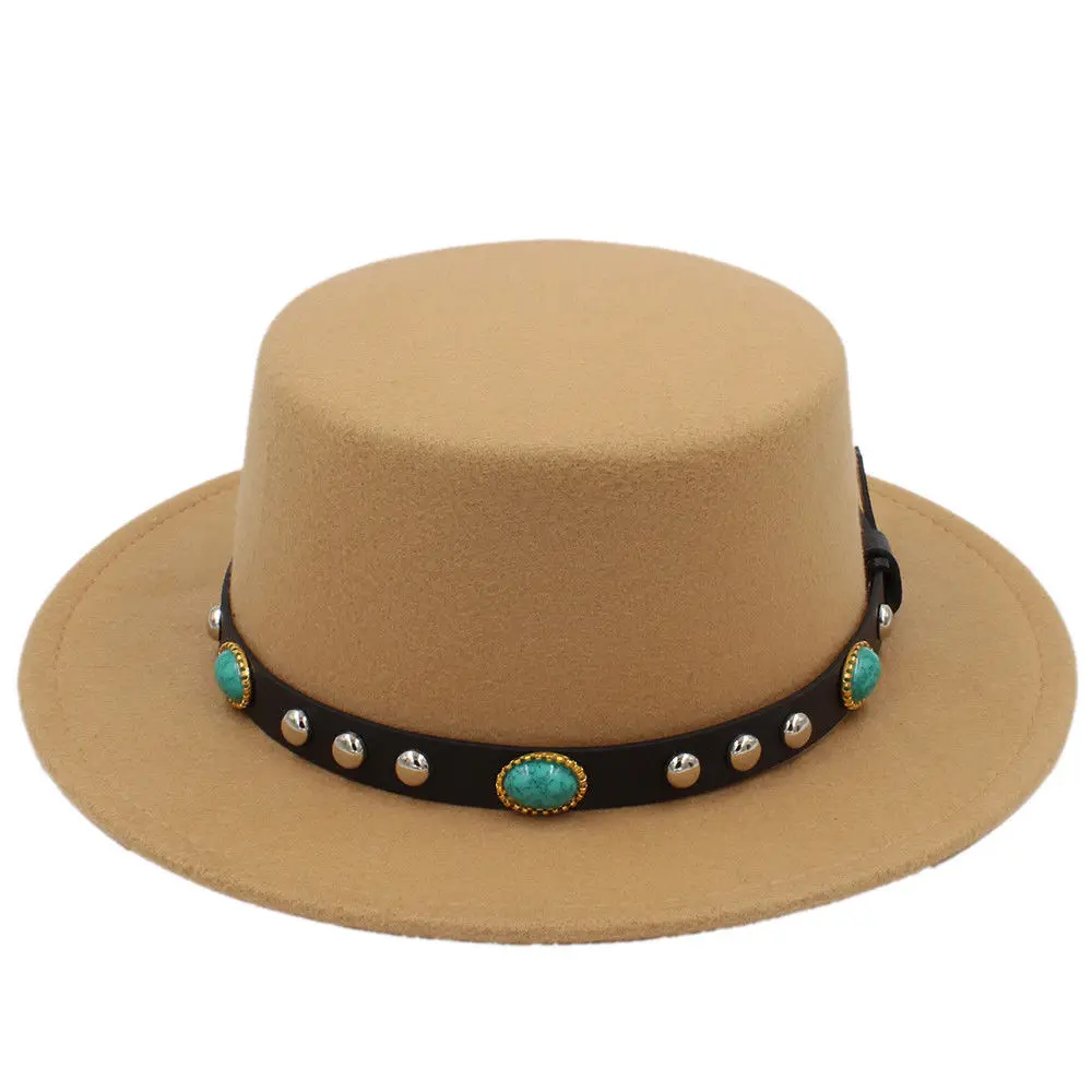 Mistdawn новые модные женские и мужские шерсть шляпа канотье широкими полями шапка Бирюзовая заклепки, кожаные пояса размер 56- 58 см