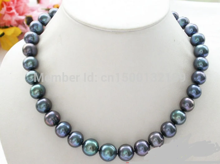 

j00559 HUGE REAL 17" 14mm ROUND peacock black PEARL NECKLACE 925SILVER