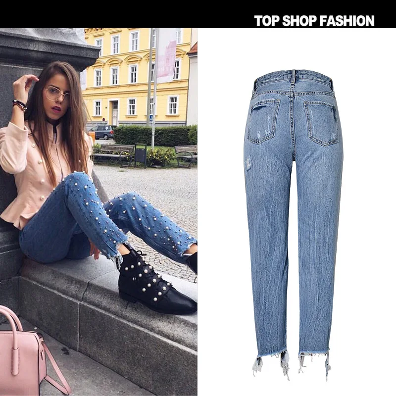 2019 Высокая талия облегающие прямые джинсы жемчуг 3 цвета шипованные нерегулярные ноги кисточкой джинсовые брюки с дырками Модные