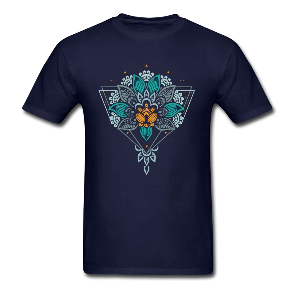 Geometric Mandala Flower Ornaments 100% Cotton Men Short Sleeve T Shirt Custom Fall T Shirt Street Tee-Shirt Company Crew Neck Geometric Mandala Flower Ornaments navy
