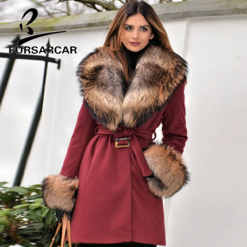 

FURSARCAR Winter Women Real Fur Coat 2018 New Woolen Slim Jacket Genuine Leather Detachable Long Coat & Raccoon Fur Collar