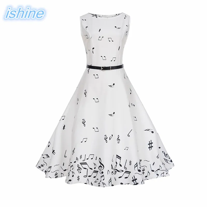 2018 New Design Note Printed Summer Sleevless Women Dresses Vintage Slim Waist White Big Swing With Belt For Beach Party | Женская