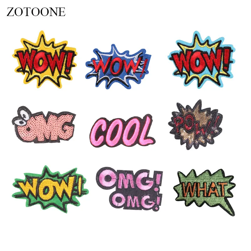 

ZOTOONE Letter Patches Wow Sequin Stickers Iron on Clothes Heat Transfer Diy Applique Embroidered Applications Cloth Fabric G