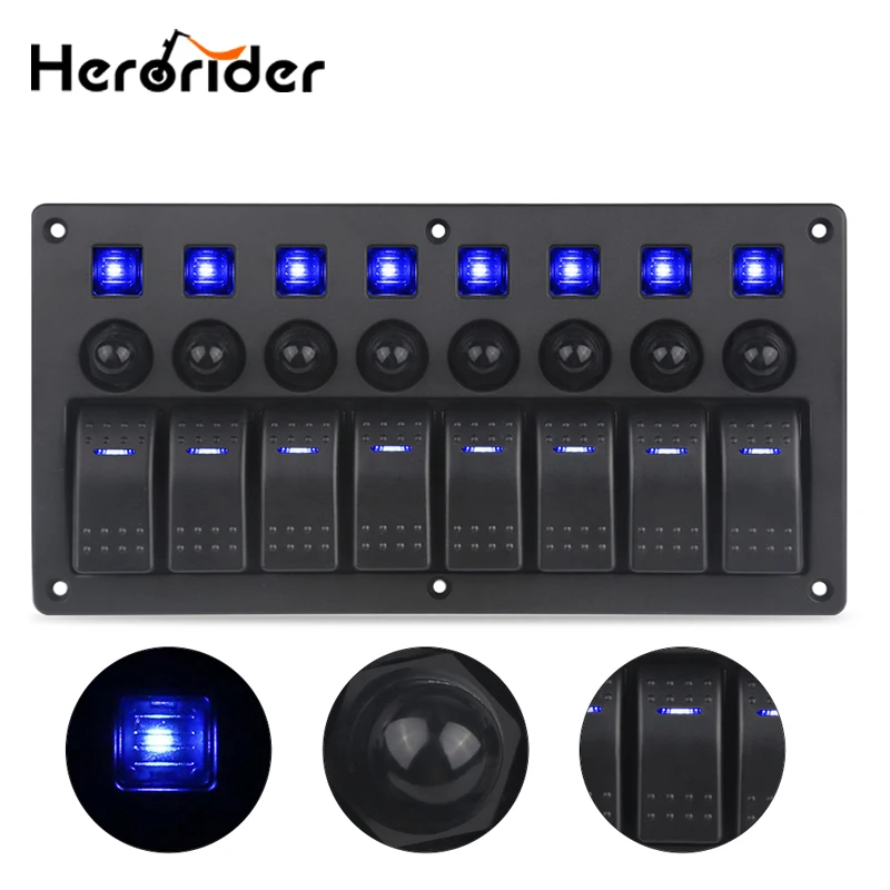 8 Gang Blue Car Marine Boat Waterproof Circuit LED Rocker Switch Panel Breaker