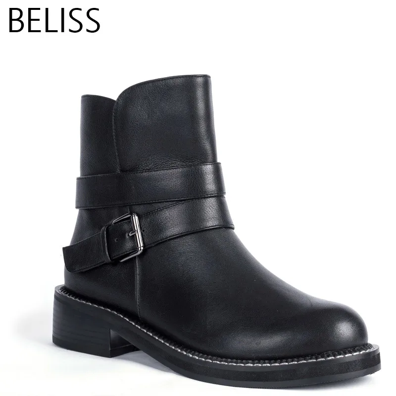 

BELISS 2018 35-41 comfortable punk ankle boots for women with zipper double strap fashion boots western cowboy round toe B28