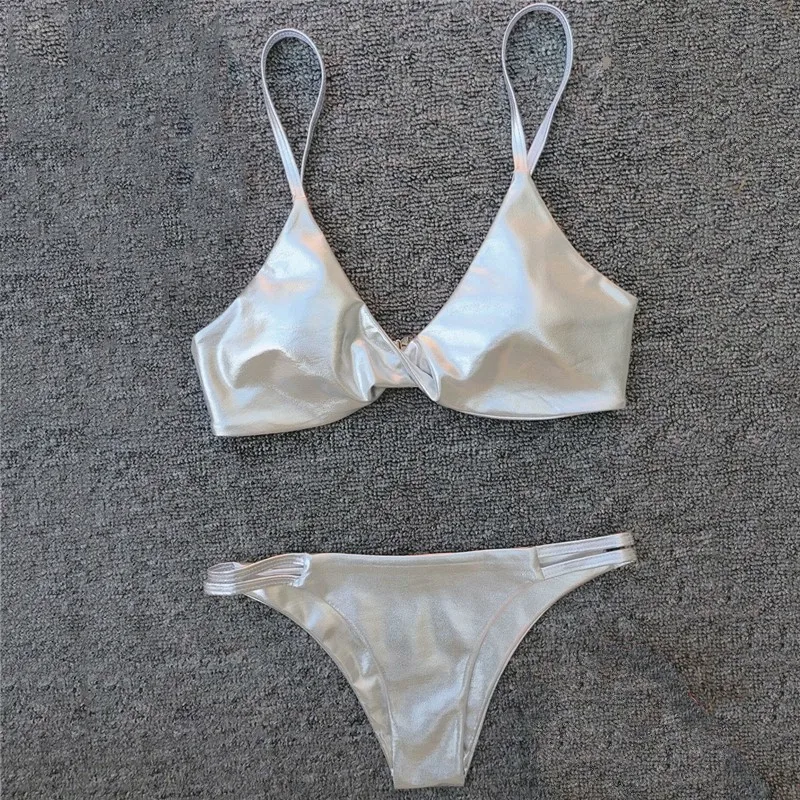 

Sexy Simple Solid Silver Swimming Suit For Women Halter Elastic Front Twist Bathing Suit Haute Matching Thong Bikini 2019 Sale