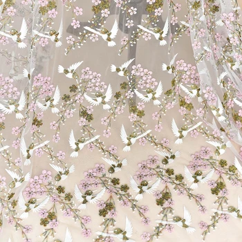 

Exquisite 3D Flower white Mesh Embroidery Sakura Bird Dress Skirt Lace Fabric Width 130cm 1meter