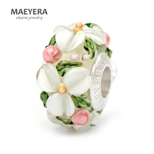 MAEYERA 925 пробы серебряные бусины лэмпворк белые стерео лепестки бусины из муранского стекла подходят для европейских очаровательных ювелирных изделий 920358