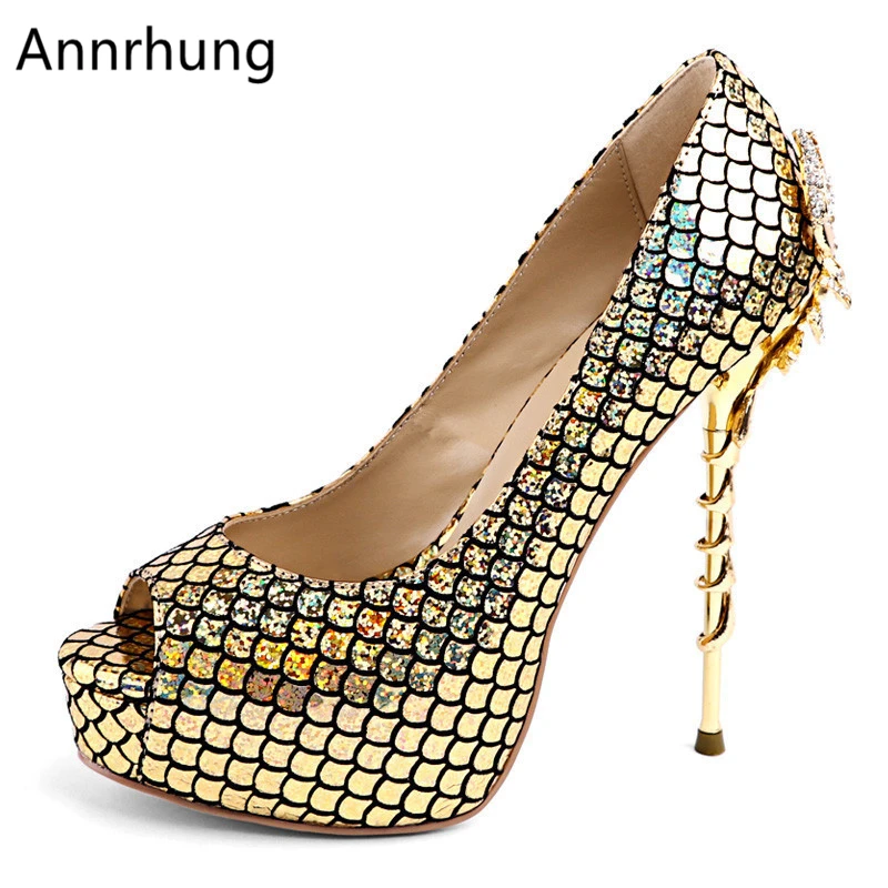 

Metal Scorpion Decor Heel Pumps Women Sexy Serpentine Peep Toe 14cm High Heels Platform Party Pumps For Woman