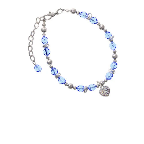 Silvertone Small Heart with Clear AB Crystals Light Blue Beaded Bracelet