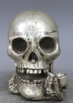 

6" Halloween Horror Silver Homo Sapien Half Jaw Bonelike Skull Head Figurine