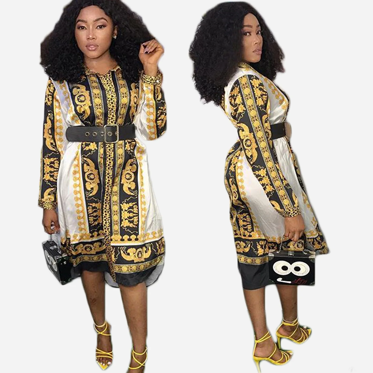 

Super large size S - XL New style classic African women's Dress Dashiki fashion Printed long sleeve shirt with lapel