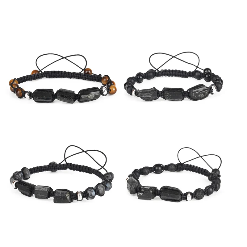 

Natural Rough Black Tourmaline Healing Stone Bead Matte Onyx Lava Hematite Unisex Adjusted Macrame Energy Bracelet Dropshipping