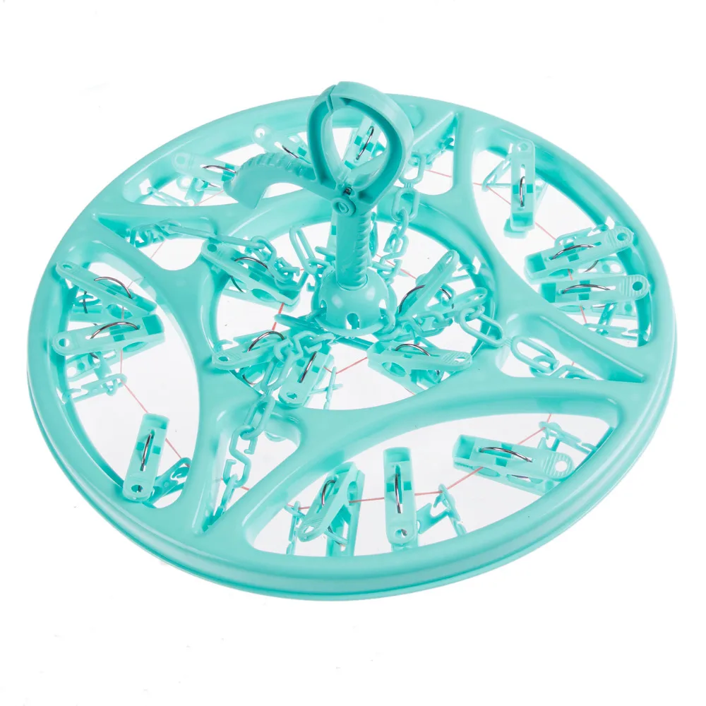 

Plastic 18 Clips Clothes Sock Shorts Underwear Drying Rack Hanger Round Foldable Blue Pink Green