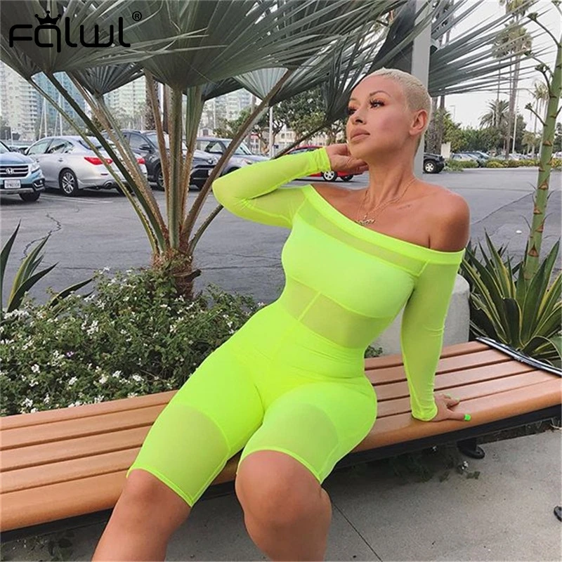 

FQLWL Casual Off Shoulder Summer Rompers Womens Jumpsuit Female Playsuit See Through Backless Short Sexy Bodycon Jumpsuit Women