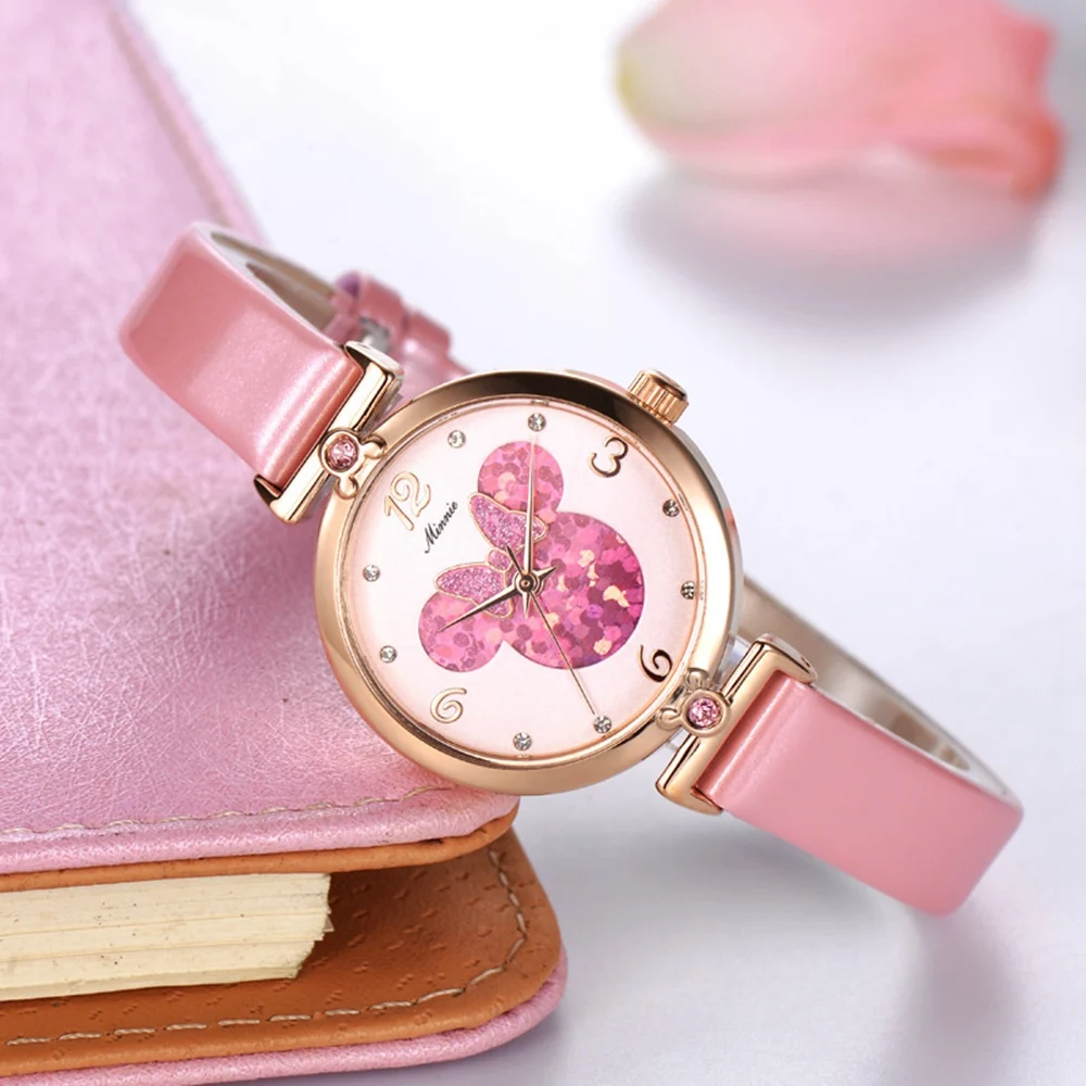 Красивые девушки Минни Маус Роскошные Bling Кристалл кожа кварцевые часы для женщин красивый лук маленький Дисней часы Водонепроницаемость