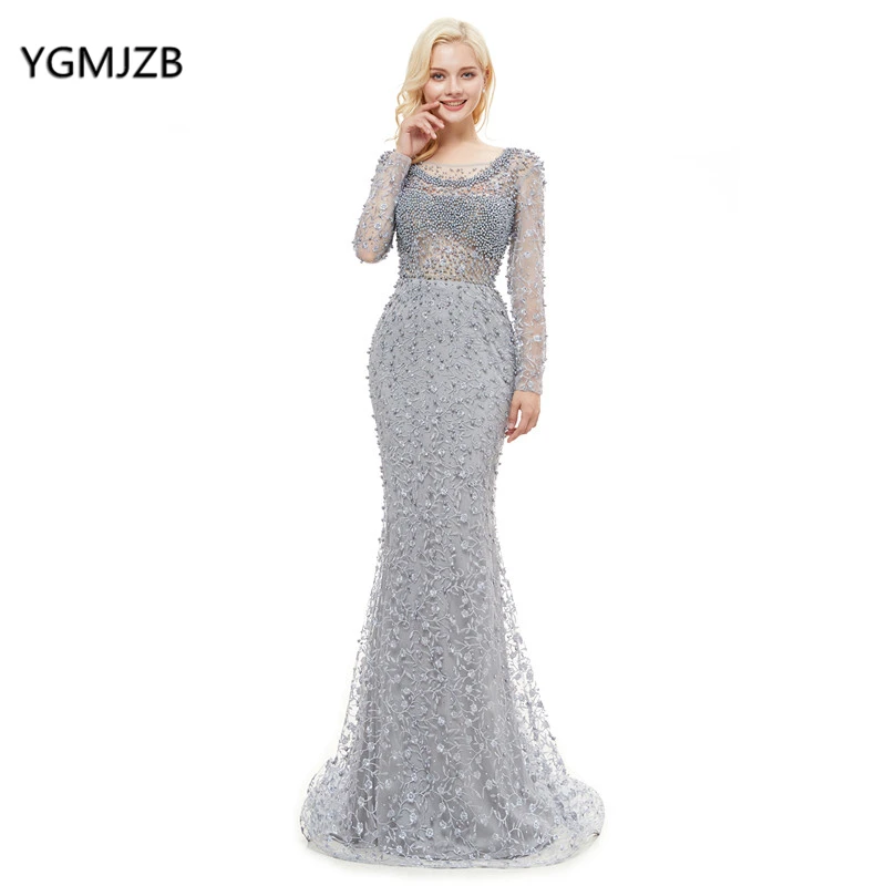 silver evening gowns with sleeves