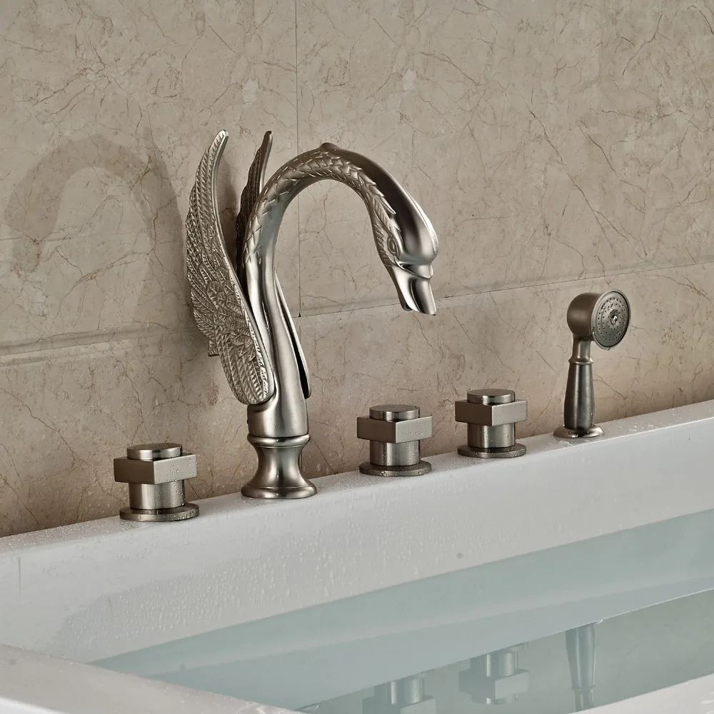 Swan Style Bathroom Tub Faucet Deck Mounted Widespread 5PCS Mixer Tap