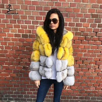 

FURSARCAR 2019 New Women's Winther Gray Real Blue Fox Fur Jacket With Hood Female Thicken Warm Genuine Natural Fur Coats Luxury