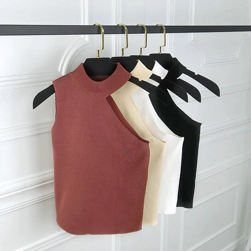 

2019 Fashion Tanks Top Women Sexy Tight Vest Female Off Shoulder Korean Version Bottom Knitted Sleeveless Short Lady T-Shirt