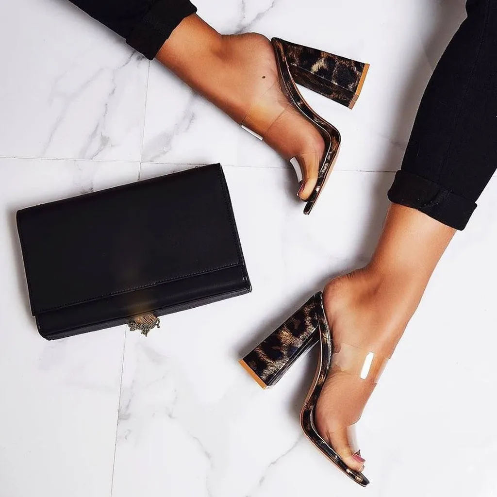 

Leopard Print Sandals Women PVC Transparent Pointed Coarse Heeled Slippers Pumps Stiletto Summer Super High Heeled Party Shoes