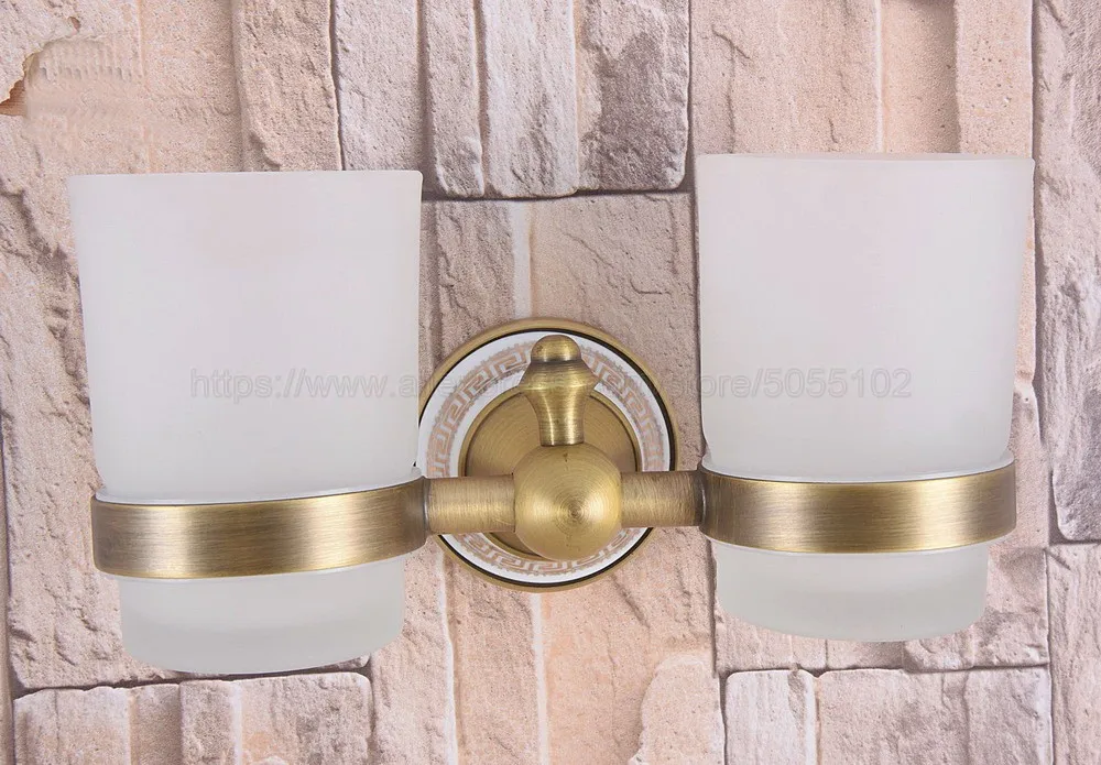 High Quality Bathroom Antique Brass Toothbrush Holder + Two Glass Cups Wall Mounted Bathroom Accessories zba582