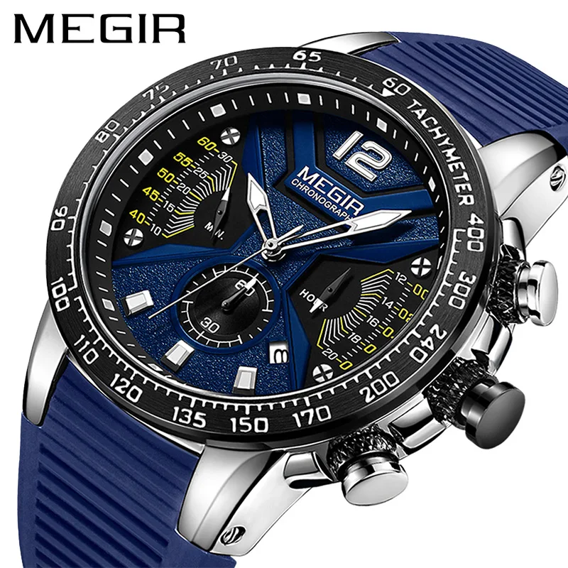Relógio de Luxo da Marca Relógio Masculino Megir Relógios Silicone Esporte Cronógrafo Quartzo Militar Zegarek Meski Erkek Kol Saati Men
