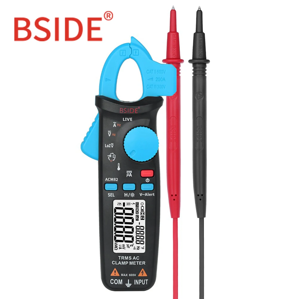 

Bside ACM82 Digital True RMS Mini Clamp Meter Auto Range 0.001A Current Test Hz Temp Ohm uF V-alert Live Check with Pocket Clip