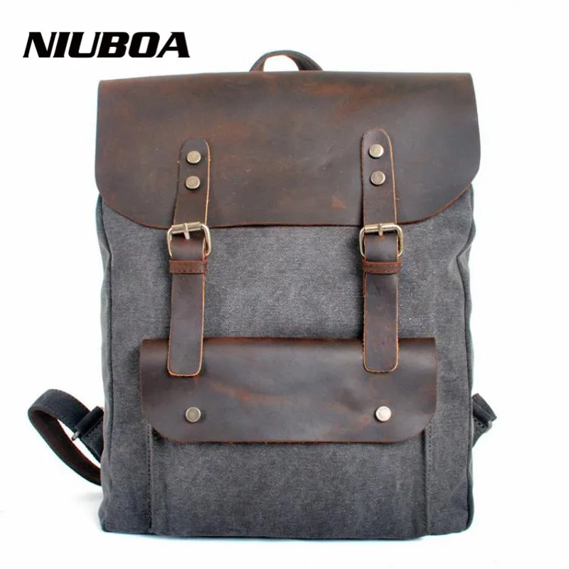 NIUBOA Genuine Leather Canvas Backpack Men Military Backpack Boy Girl Vintage Thick Canvas School Backpack Shoulder