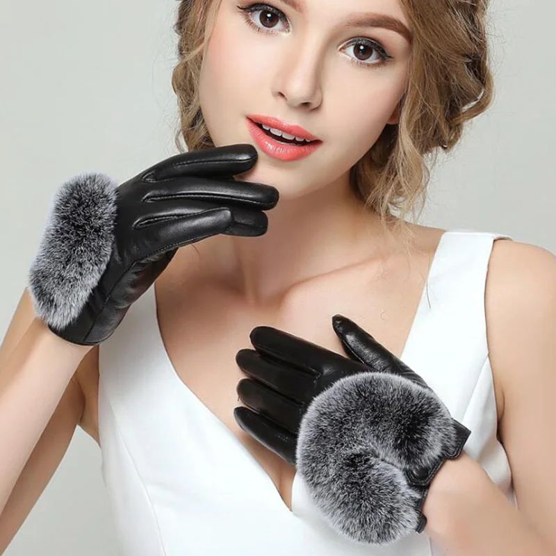 Female Genuine Leather Cute Rabbit Hair Sheepskin Glove Women Winter