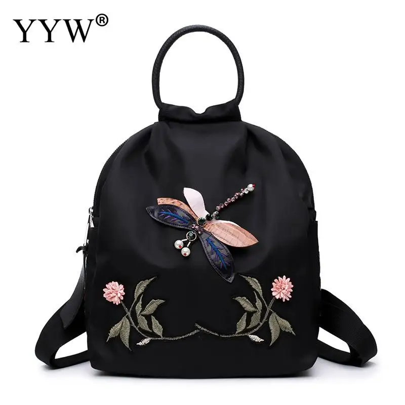 

New Brand Fresh Dragonfly Women Backpacks Female School Bags For Girls Rucksack Small Floral Embroidery Flowers Bagpack Black