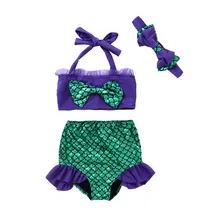 Милая Одежда для девочек, 3 предмета в комплекте плавательный костюм ванный комплект купальник, бикини Русалка ручной с рюшами и лямкой на шее; костюм для купания; купальный костюм От 1 до 7 лет