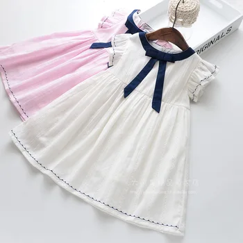 

Roimyal Wholesale 2019 Summer new exquisite temperament bow tie pure color dress 3-10 years girl round collar lace sleeve dress