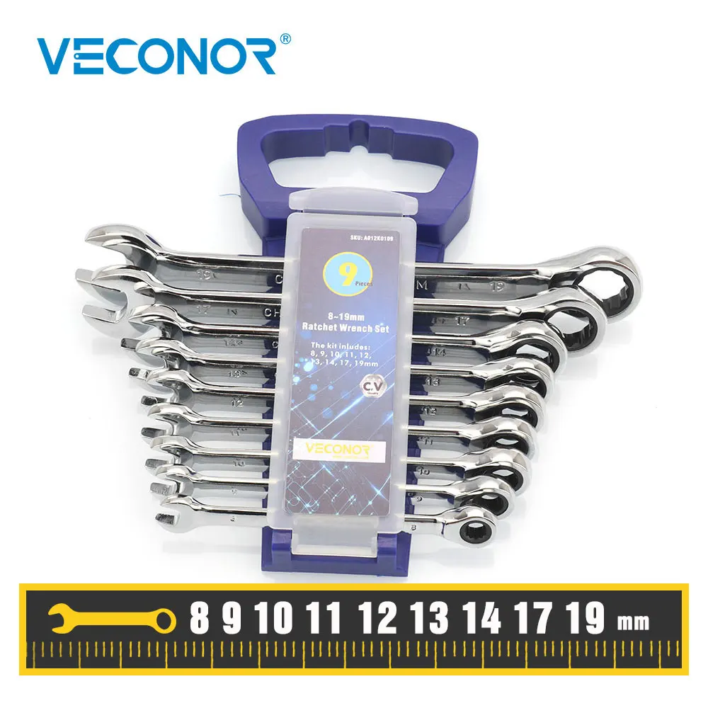 

8-19mm Ratchet Wrench Set 9PCS Multi-Function Ratcheting Spanner Kit Household Repair Hand Tools For Auto Home With Plastic Case