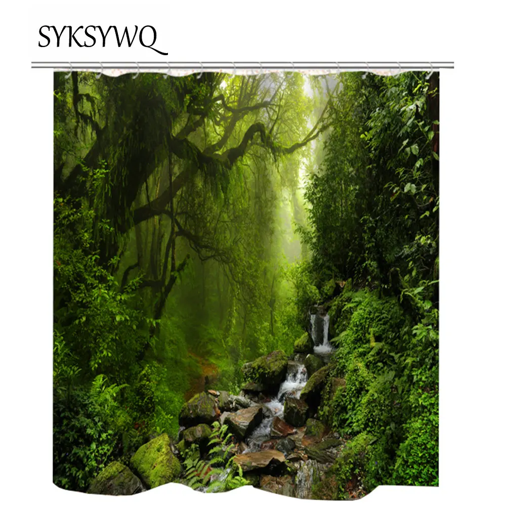 

Green Bathroom Shower Curtain Forest Bath Shower Waterproof Drop Shipping Tree Stream Cortinas rideau De Douche Green Tree Water