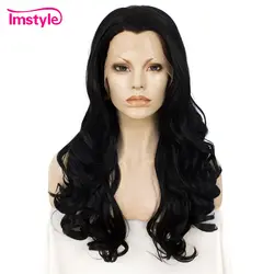 Imstyle Синтетические волосы на кружеве парик глубокая волна длинные Jet Black парики для Для женщин термостойкие волокна синтетические кружева