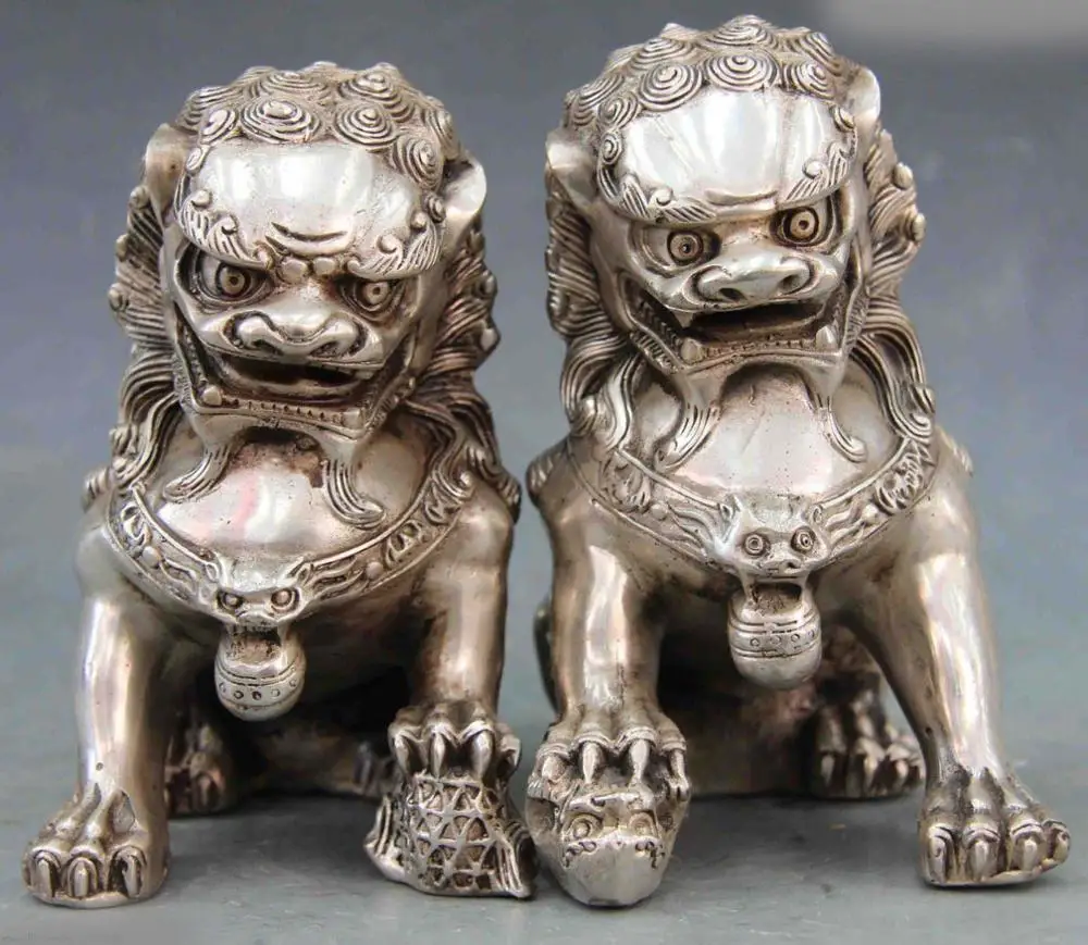 

Chinese White Copper Silver Fengshui Evil Foo Dog Lion Kilin Brave troops Pair SD 506