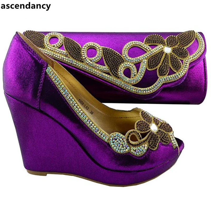 

Purple Color Shoes and Bag Matching Italian Shoe and Bag Set African Shoe and Bag Set for Party In Women Nigerian Shoes and Bags
