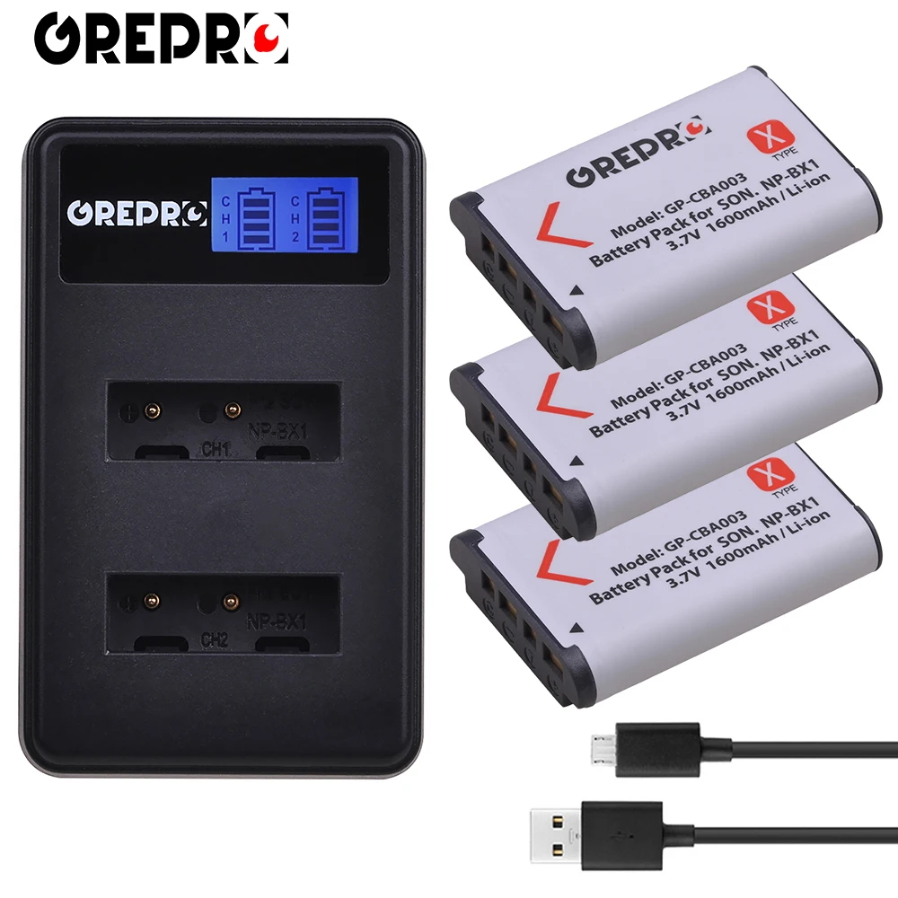 

GREPRO 3pcs NP-BX1 NP BX1 Camera Battery+LCD USB Charger for Sony DSC-RX100 WX500 IV RX10 II WX300 HX300 HDR-AS15 CX240E AS30V