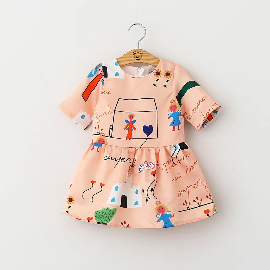 

nove 2016 spring girls dress half sleeve kids clothes pink print graffiti style wedding dress suit 2-7T vetement fille for party