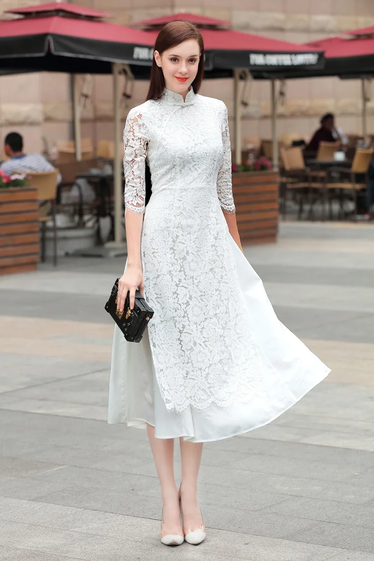 

2019 fashion lace cheongsam Vietnam aodai Chinese qipao dress