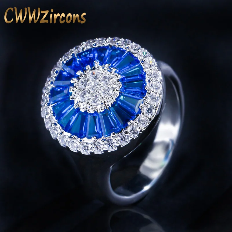 

CWWZircons Fashion Brand Silver Color Big Round Anstrian Blue Cubic Zirconia Crystal Engagement Rings Jewelry For Women R023