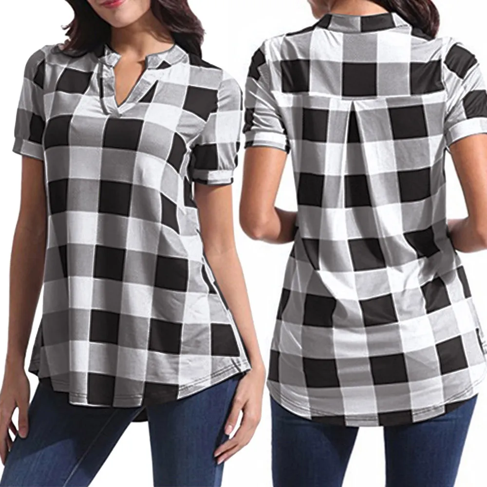 

20CHAONAN Plus Size 2019 Women Shirt Plaid Short Sleeve V-Neck Tops Irregular Elegant Hem Blouse Office Large Size clothing