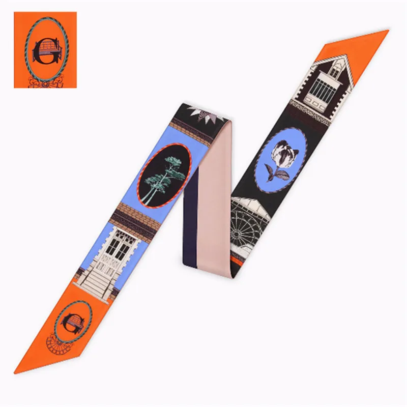 Letters Print Twill Silk Scarf Women Luxury Designer Fashion Handbag Bow Ribbons Hair Headband Summer Female Small Head Scarves