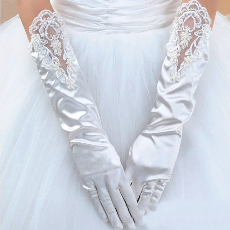 Длинные Сатиновые Свадебные перчатки для невесты, длина до локтя, Кружевная аппликация, женские Вечерние перчатки для невесты, подарки, аксессуары для косплея, выпускного вечера
