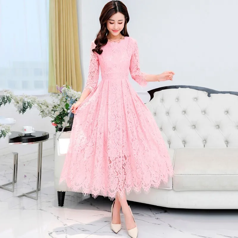 pink SISPELL кружевное платье женское с круглым вырезом три четверти с высокой талией ТРАПЕЦИЕВИДНОЕ длиной до щиколотки платья-Для женщин однотонная одежда для вечеринок весенний Топ - Цвет: pink