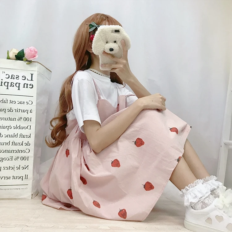 Милое милое платье с принтом клубники и высокой талией женские милые платья Kawaii