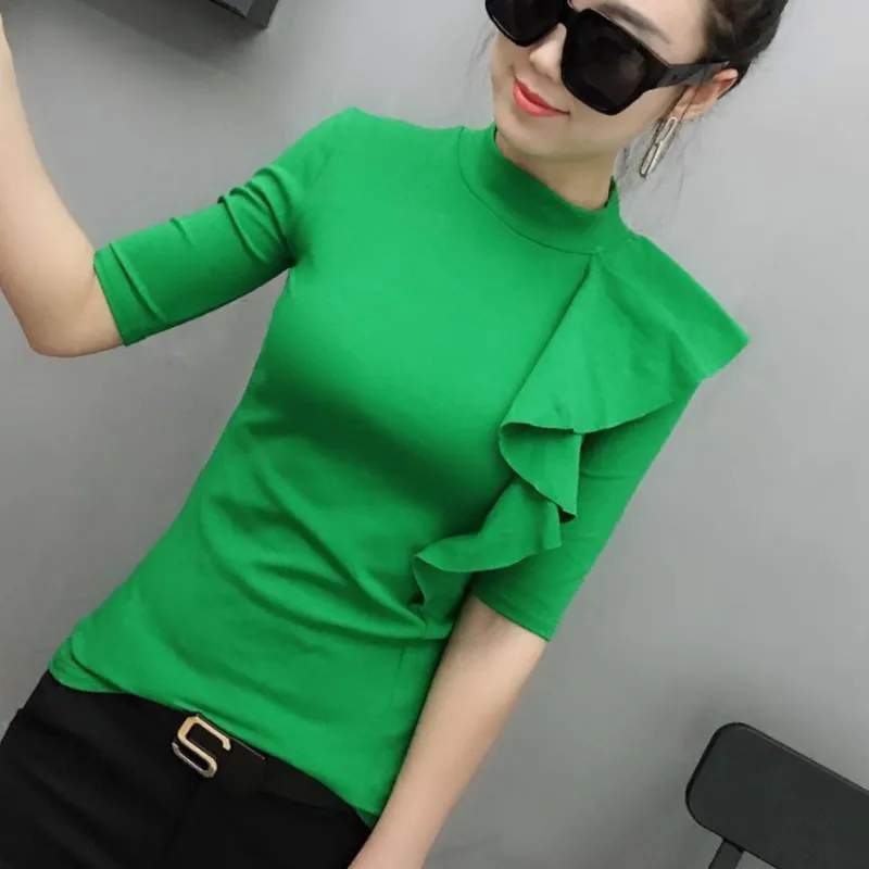 2020 Spring Half Sleeve O Neck Ruffles Cotton T-shirts Women Fashion Body Colorful Bodycone Tops | Женская одежда